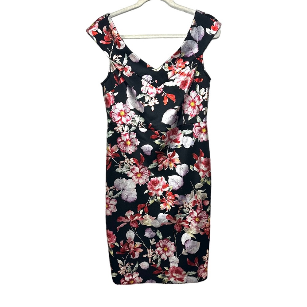 New York & Company Womens Sz M V-Neck Sheath Metallic Foil Floral Dress Black